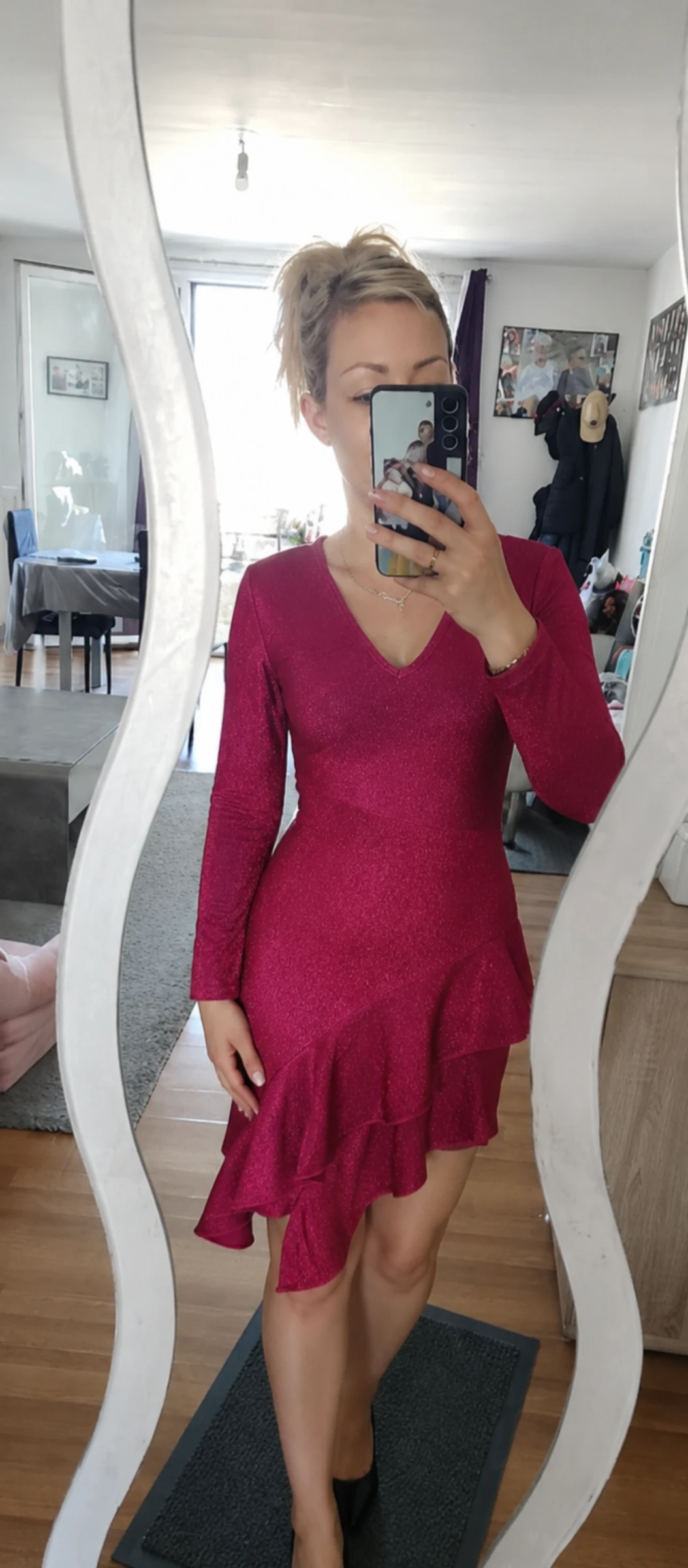Robe de soirée fuchsia pailletée col V ●Taille S●🌸 Neuf